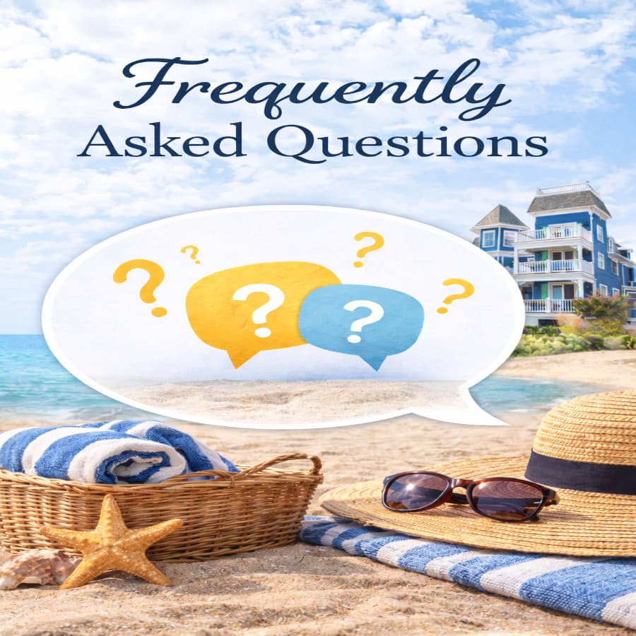 A beach scene with a straw hat, sunglasses, and towels, featuring a speech bubble labeled "Frequently Asked Questions."