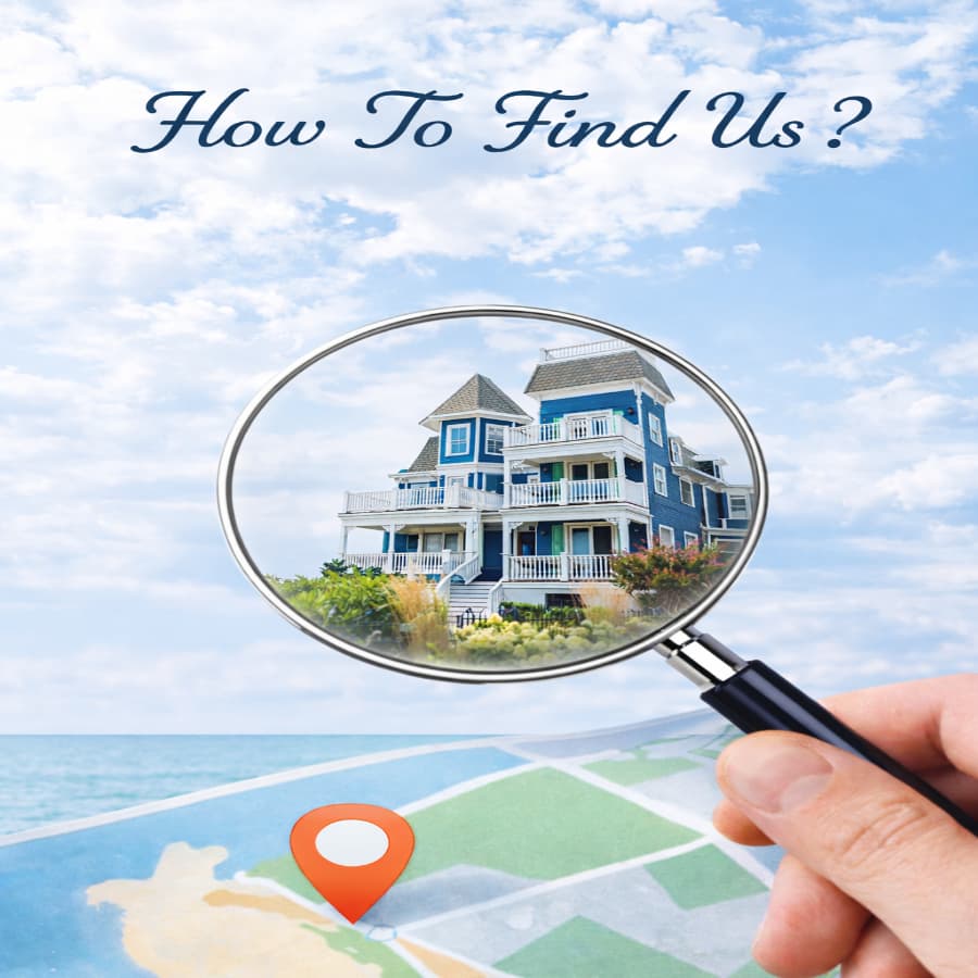 A hand holding a magnifying glass over a map, focusing on a blue house, with the text "How To Find Us?" above.